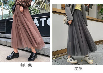 TingYiLi Elegant Tulle Skirt Autumn Winter Big Swing Women Skirt Korean Cute Pink Green Gray Blue Brown Black Long Skirt Tutu