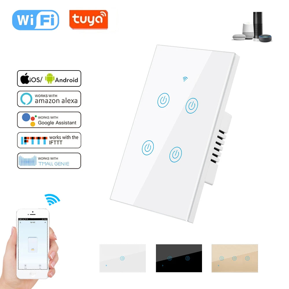LangYeao US WiFi Smart Wall Light Switch 1/2/3/4 Gang Touch Panel with Neutral Wire Compatible with for Tuya App & Smart Life