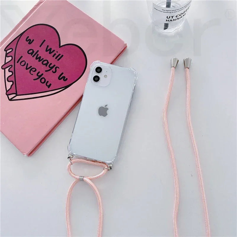 Necklace Lanyard Strap Chain Phone Case For iPhone 16 15 14 13 Pro Max 12 11 XS X XR Mini 7 8 Plus Transparent Soft Rope Cover