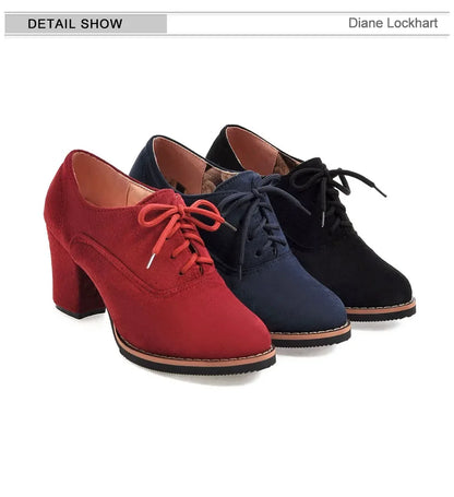 Vintage Women Lace Up Pumps Square Heel Round Toe High Heels British Style Oxfords Autumn Low Top Student Shoes Blue Booties 33