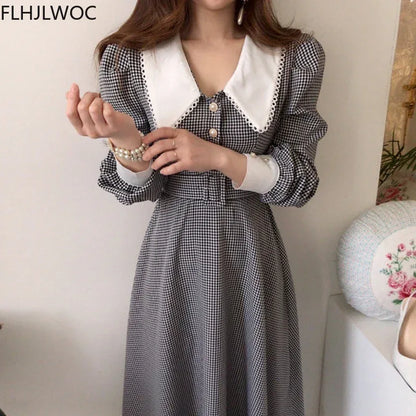 2021 Autumn Spring Basic Belt Plaid Shirt Dress Long Maxi Feminine Vestidos Chic Korea Design Clothes