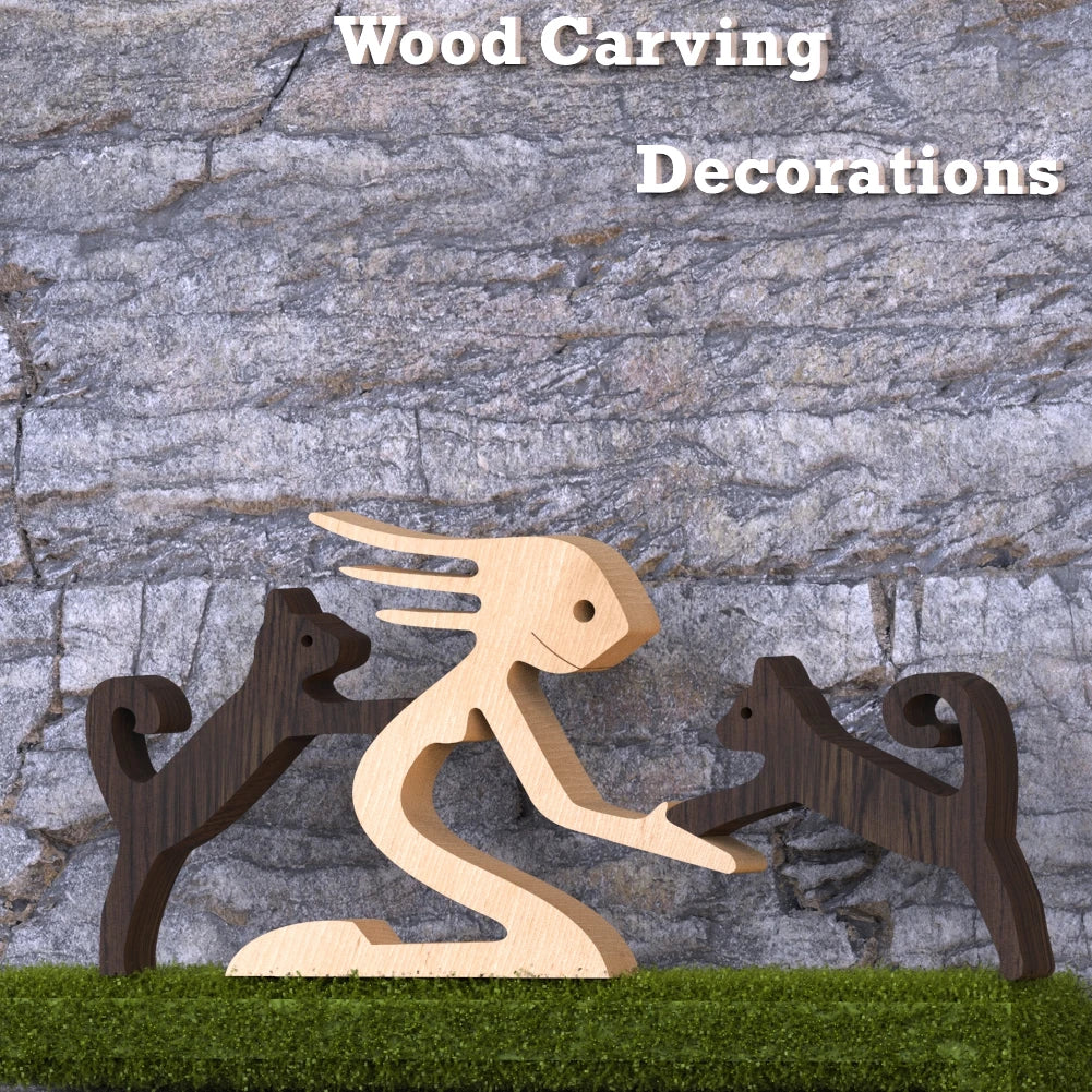 Family Puppy Wood Dog Craft Figurine Desktop Table Ornament Carving Model Home Office Decoration Pet Sculpture Christmas Gift