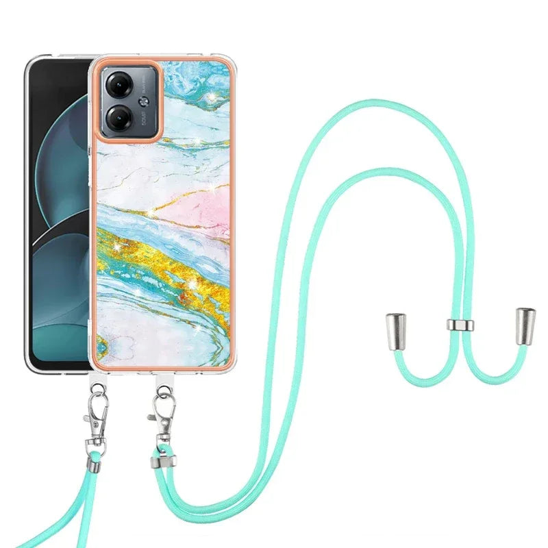Shockproof Mobile Phone Case for Motorola Moto G14 G54 G84 IMD Marble Shell Cover Lanyard