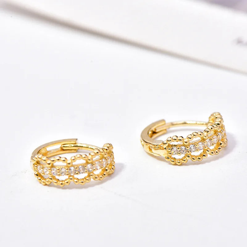 Golden Huggie Earrings With Crystal Channel Setting For Women Fashion Geometric Everyday Wear 18K Gold Plated Zinc Alloy