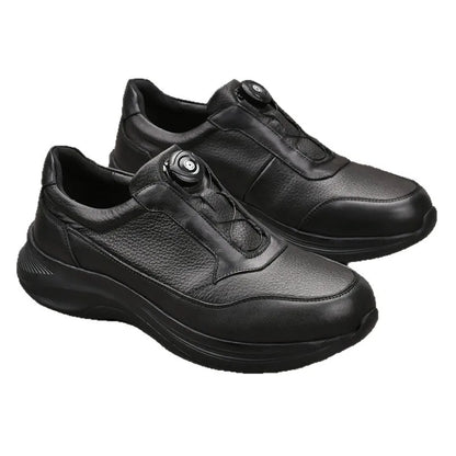 Men's Genuine Cow Leather Round Toe Walking Shoes With Buckle Anti Slippery Low Heel Rubber Outsole Solid Color Casual