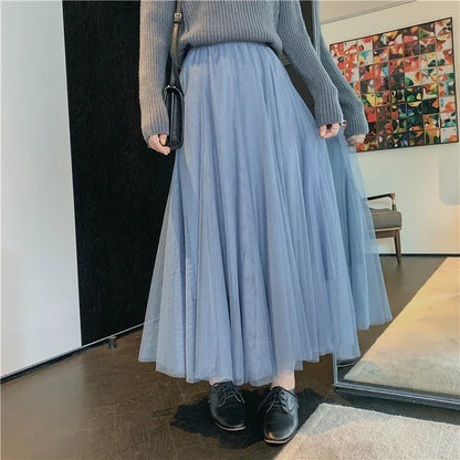 TingYiLi Elegant Tulle Skirt Autumn Winter Big Swing Women Skirt Korean Cute Pink Green Gray Blue Brown Black Long Skirt Tutu
