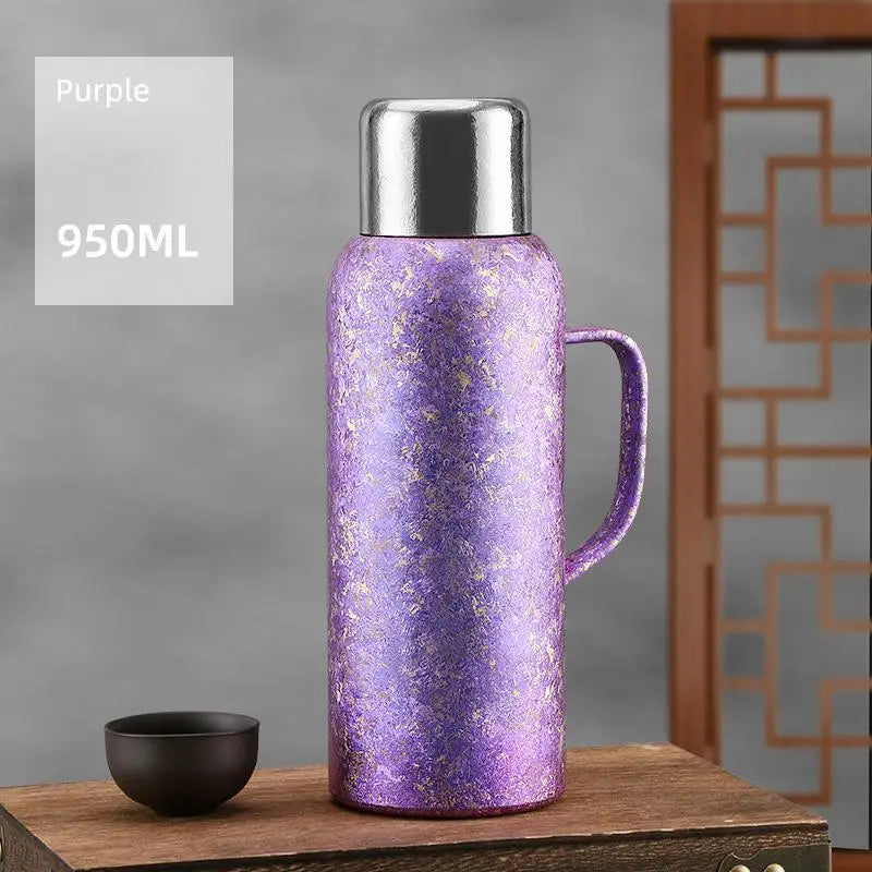Large Capacity Leak-Proof Titanium Insulated Thermos Bottle with Mechanical Temperature Display Lid and Handle for Camping