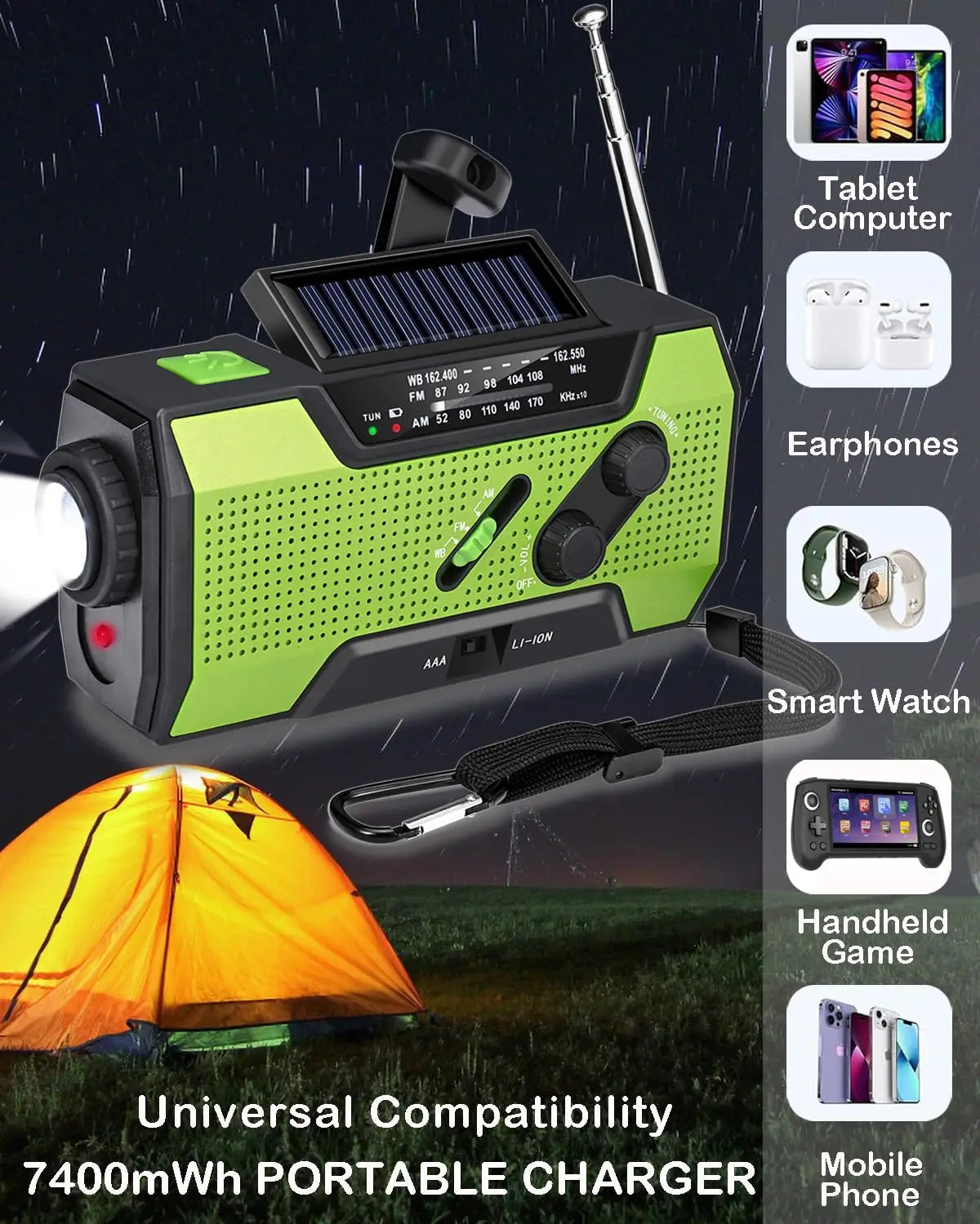 CE Certified 2000mAh Solar NOAA Radio LED Multi-Power Source for Wildfire Safety Flashlight Clock Internet Radio FM Radio