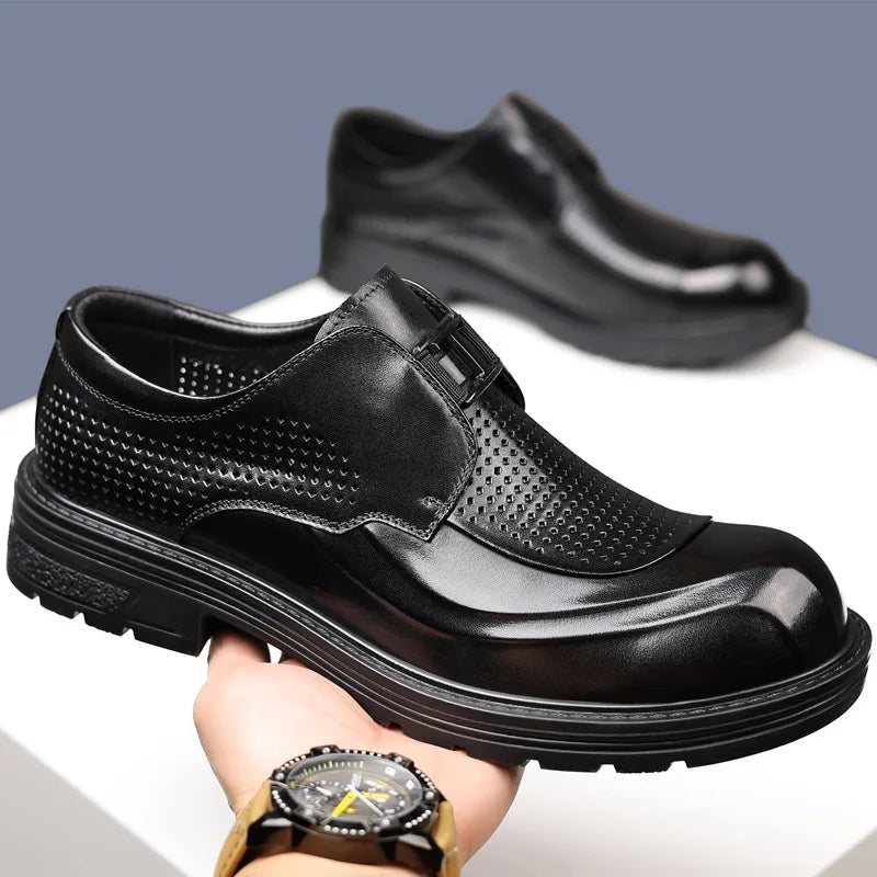 Leather Slip-On Men's Summer Shoes Round Toe Breathable Perforated Thick Sole Business Casual Boat Shoes