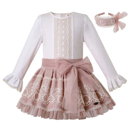 OEM  Pettigirl Valentines Outfits in Children Casual Lace Vintage Dresses with Headband Wholesale Boutique Clothing 1BAG=1PCS