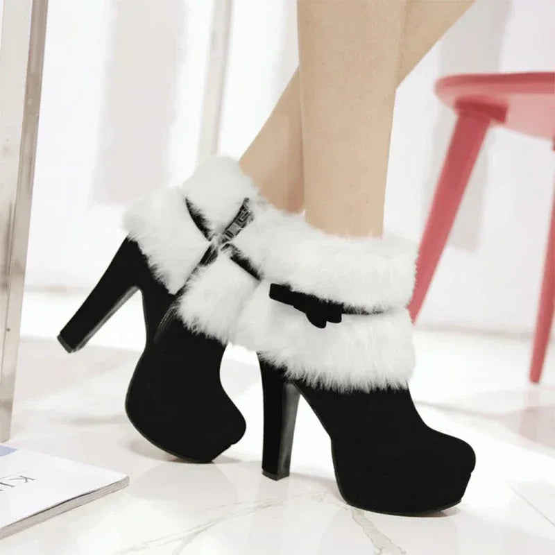 Winter Women Boots Christmas Ankle Boots High Heels Ladies Shoes Femme Warm Short Boots Red Black Shoes  Size 35-43