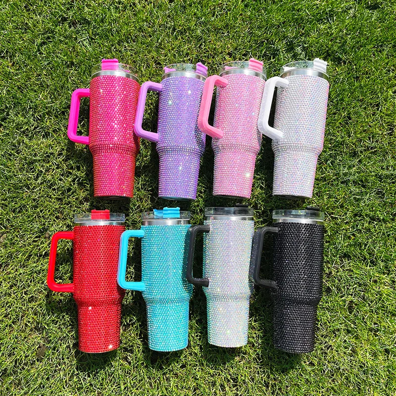 Us Warehouse 40 OZ Rhinestones Bling Durable Coffee Cup Insulated Water Bottles 40 OZ for Home Office Outdoor Daily Use