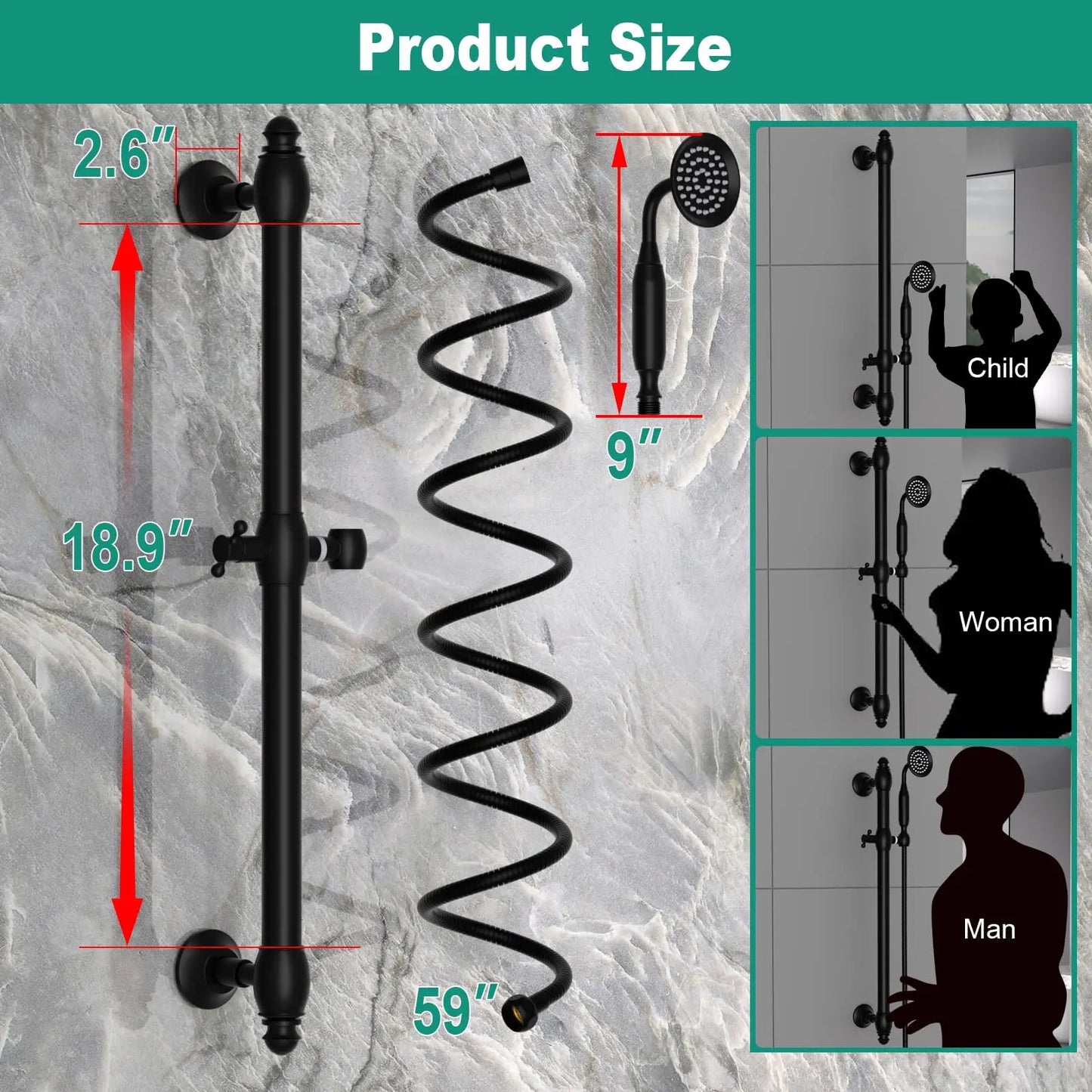 Brass Contemporary Shower Slide Bar Handheld Shower Head Adjustable Height Wall-Mounted 59-Inch Hose Rainfall Waterfall Spray