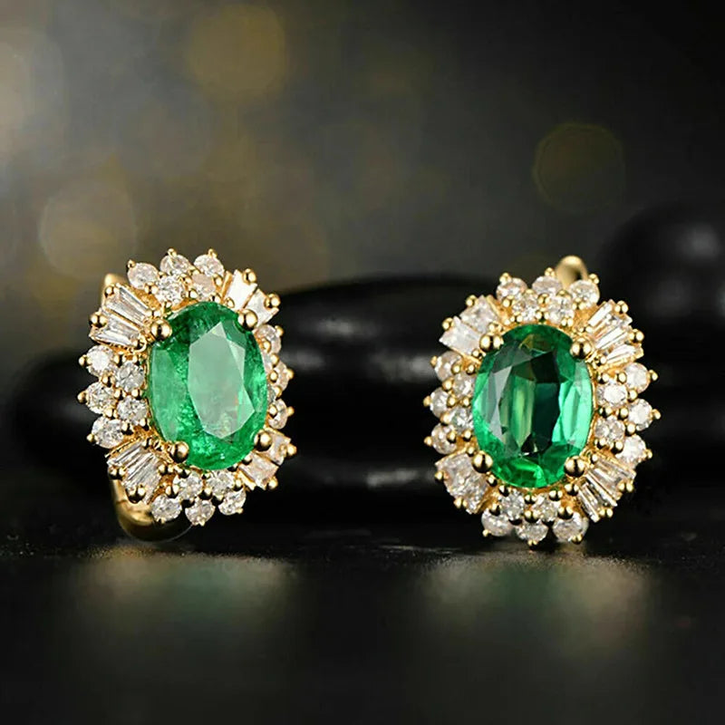 Classic Green Gemstone Stud Earrings Silver Flower Design Wedding Jewelry Women Pear Cut Diamonds Claw Setting