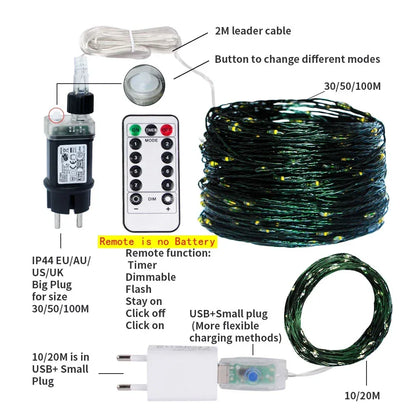 10M-200M LED String Fairy Lights Green Wire Outdoor Christmas Tree Lights Garland For New Year Street Home Party Wedding Decor