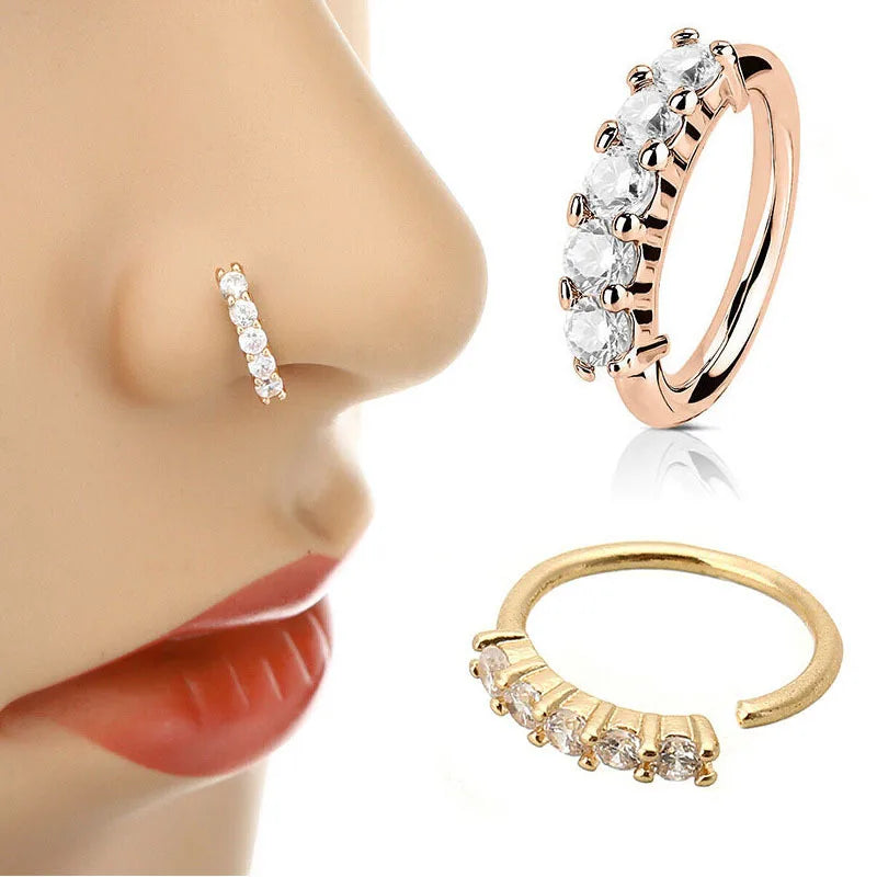 E953 Rose Gold Alloy Nose Ring with Cubic Zirconia Prong Setting Lips Shape Women Classic Daily Wear Gift Body Piercing Jewelry