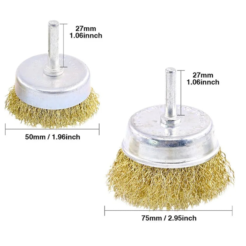 Swpeet 9Pcs Brass Coated Wire Brush Wheel & Cup Brush Set with 1/4-Inch Shank, 9 Sizes Coated Wire Drill Brush Set Perfect