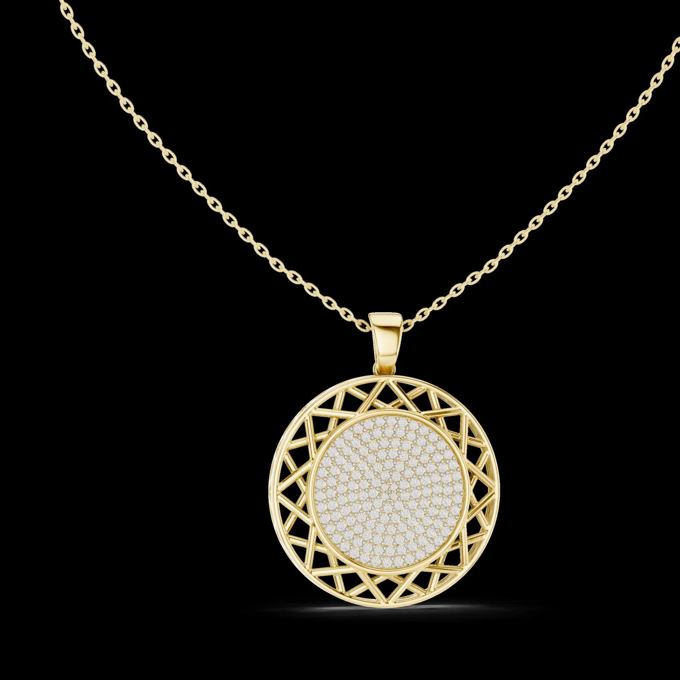 Gold Geometric Openwork Diamond Pendant Sparkling Link Chain Necklace Luxury Engagement Wedding Anniversary Party Modern Design