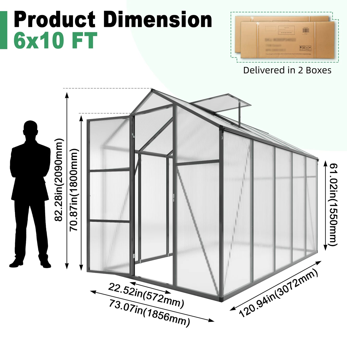 [US Stock] 6x10FT Polycarbonate Walk-in Outdoor Greenhouse With Sturdy Aluminum Frame Fast Delivery From US MOQ 1 Unit