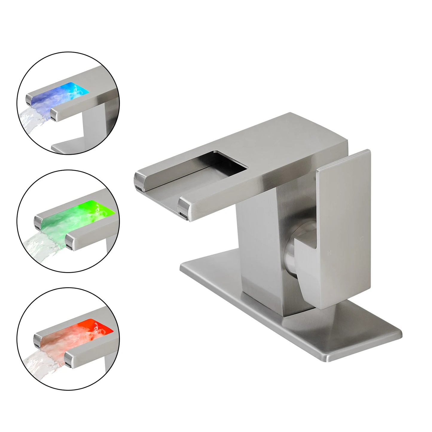 LED Modern  1-Hole Black 304 Stainless Steel Waterfall Bathroom Faucet Anti-Rust Lead Free Basin Faucet with Deck Plate