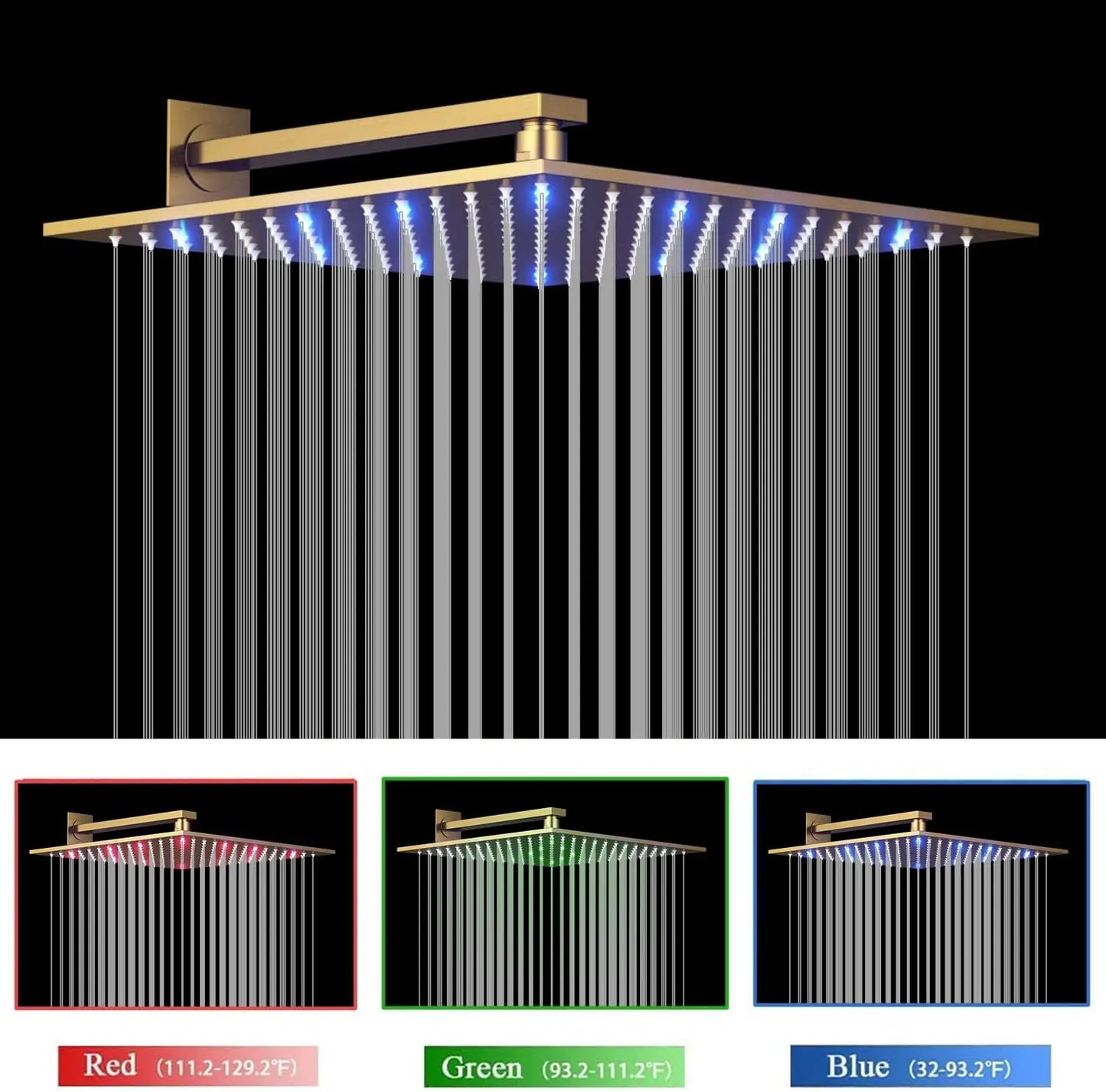 Brushed Gold Shower Body Sprays System 12 Inch LED Wall Mounted Rain Shower Head System Digital Display Thermostatic Shower Set