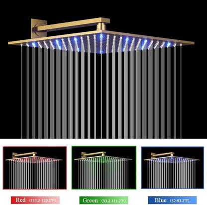 Brushed Gold Shower Body Sprays System 12 Inch LED Wall Mounted Rain Shower Head System Digital Display Thermostatic Shower Set