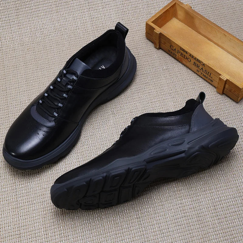 Men's Round Toe Genuine Cow Leather Lace-up Walking Shoes Lightweight Solid Color Rubber Outsole Casual Style