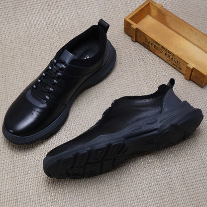 Men's Round Toe Genuine Cow Leather Lace-up Walking Shoes Lightweight Solid Color Rubber Outsole Casual Style