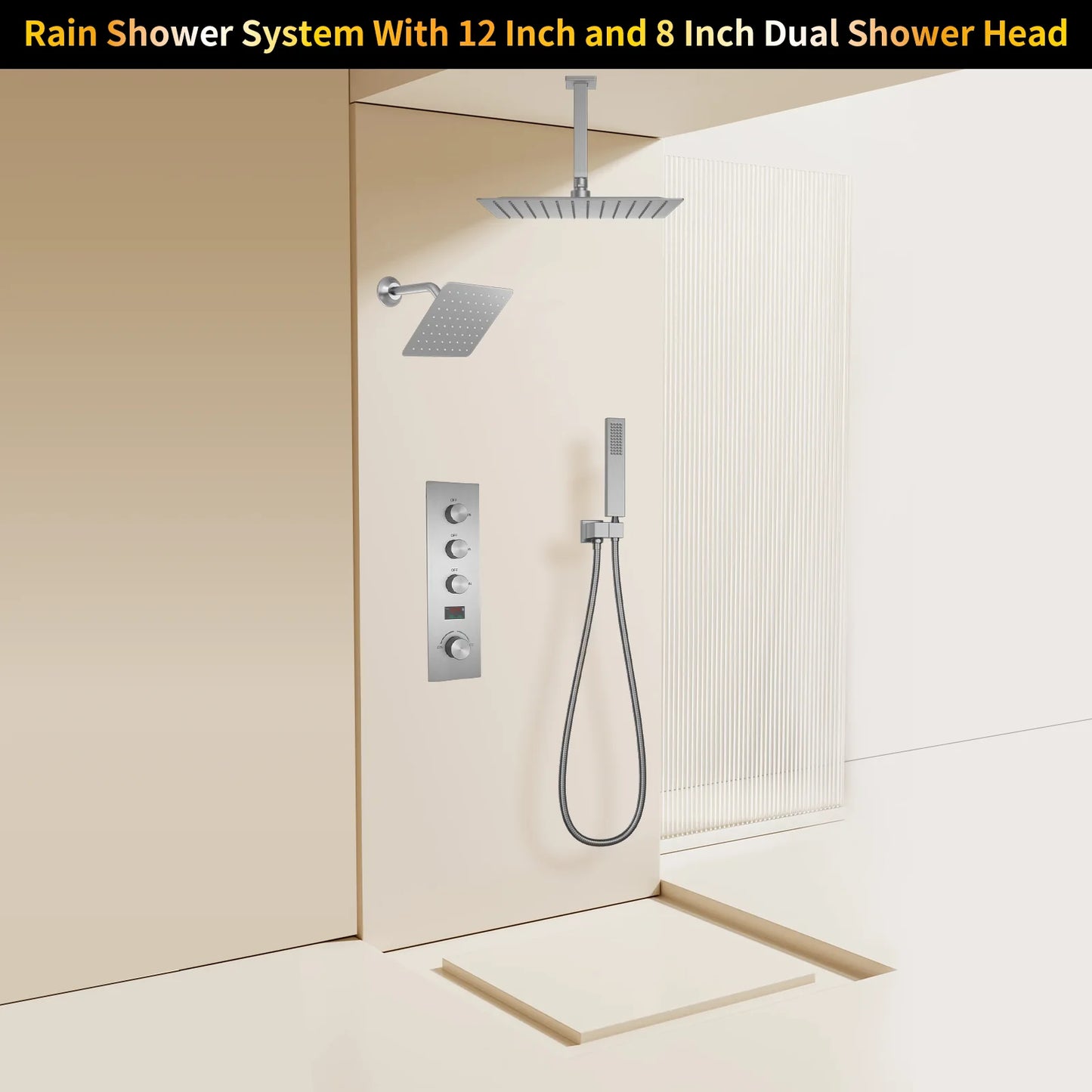 3 Functions Digital Display Thermostatic Shower System Brushed Nickel Brass Shower Set Rainfall Shower Faucet Set with Body Jets
