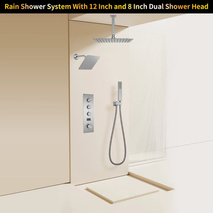 3 Functions Digital Display Thermostatic Shower System Brushed Nickel Brass Shower Set Rainfall Shower Faucet Set with Body Jets