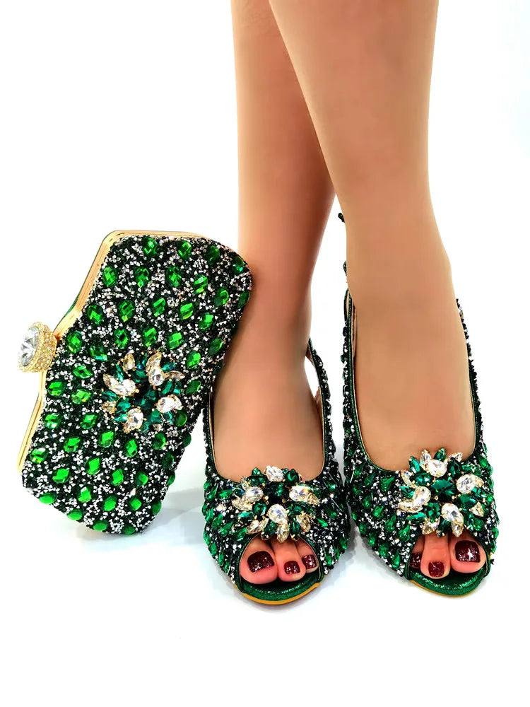 Ladies Italian Shoes and Bag Set Decorated with Rhinestone Matching Shoes and Bag Set In Heels Women Comfy Platform Sandal Shoes