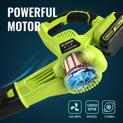 Green 21V Cordless Leaf Blower Efficient And Powerful With 2 Battery And Charger Used For Cleaning Dust And Fallen Leaves