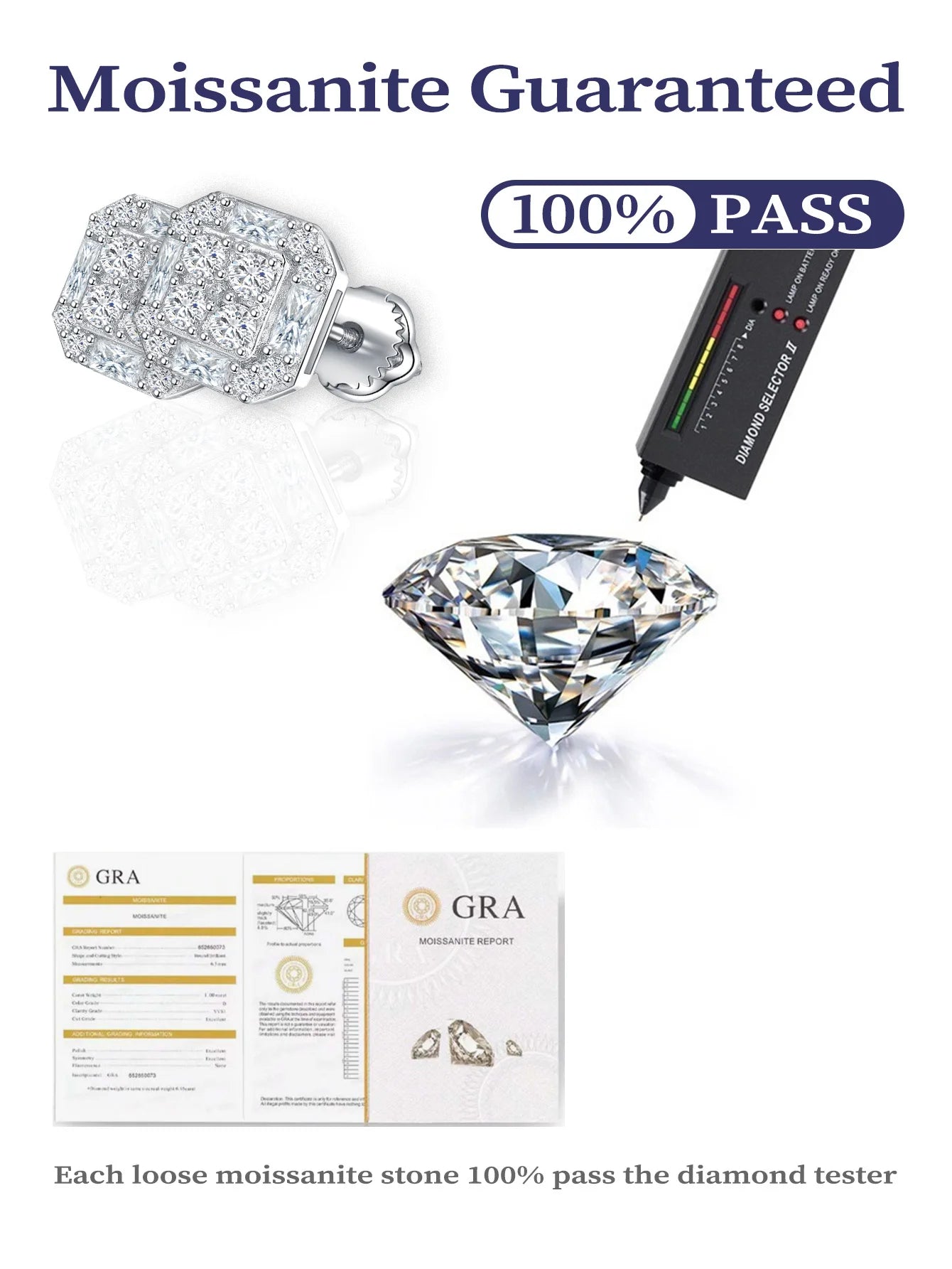 Wholesale Luxury Lab Grown Diamond Earrings Rhodium S925 Sterling Silver Fine VVS Moissanite Women Stud Earrings