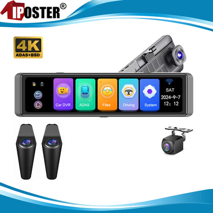 IPoster 12in 4ch Touch Screen Blind Spot AI BSD Detection Dash Camera 4K 360 View FHD Car DVR System Loop Recording Split Screen