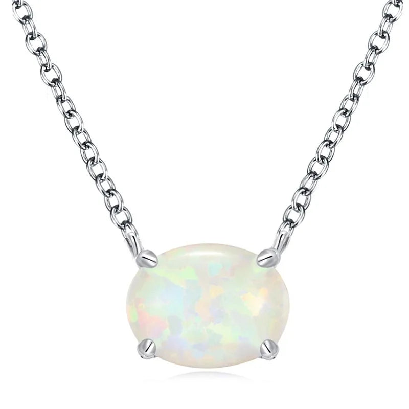 Oval Iridescent Gemstone Pendant Necklace Claw Setting Classic Unisex Link Chain Jewelry