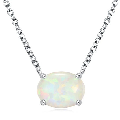 Oval Iridescent Gemstone Pendant Necklace Claw Setting Classic Unisex Link Chain Jewelry