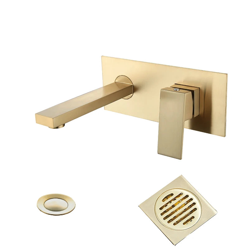 Wall Mounted Basin Faucet Sink Brushed Gold Basin Faucet Drain Floor Drain Mixer Faucet