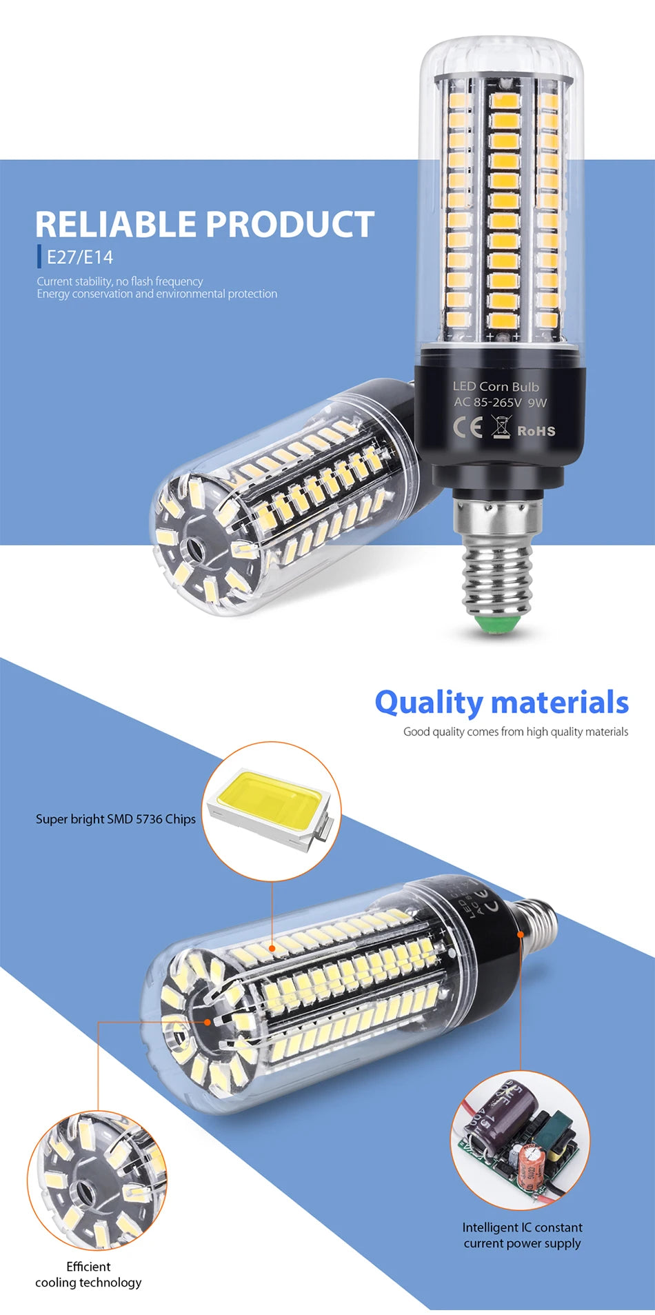 LED E27 High Lumen Candle Lamp E14 Power LED Corn Light 28 40 72 108 132 156 189leds AC 85-265V Smart IC LED Bulb Pendant Lights