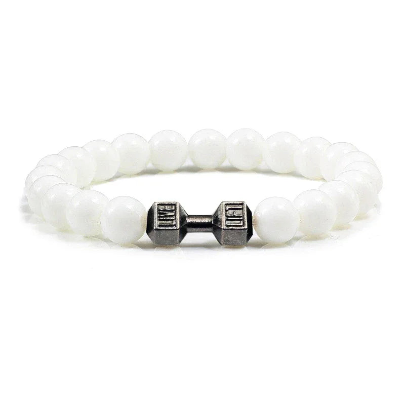 Natural Volcanic Stone Bracelet Men Matte Black Lave White Beads Charm Dumbbell Strand Bracelets Women Barbell Fitness Jewelry