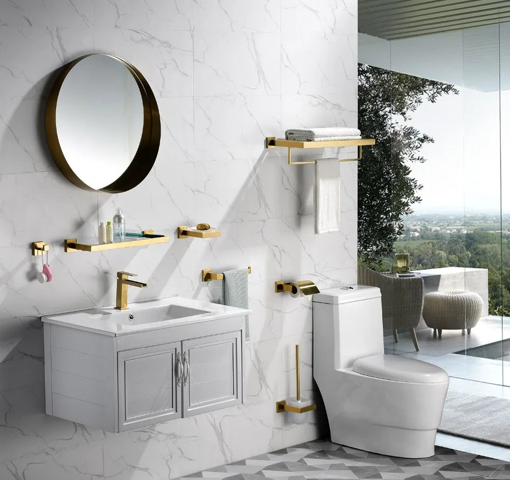 Brushed Gold Basin Water Tap Bathroom Deck Mounted 3 Holes Cross Handle Basin Faucet