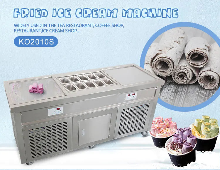 CE ETL Approval Popular Style Flat Double square Flat Pan Fry Ice Cream Machine with 10 Tanks Topping Freezer