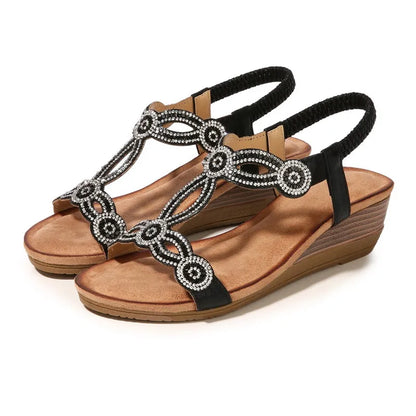 BEYARNE Women's Shoes Summer New Bohemia Wedge Women Sandals Rhinestone Woman Flip Flops Vintage Women Shoes BeachE627