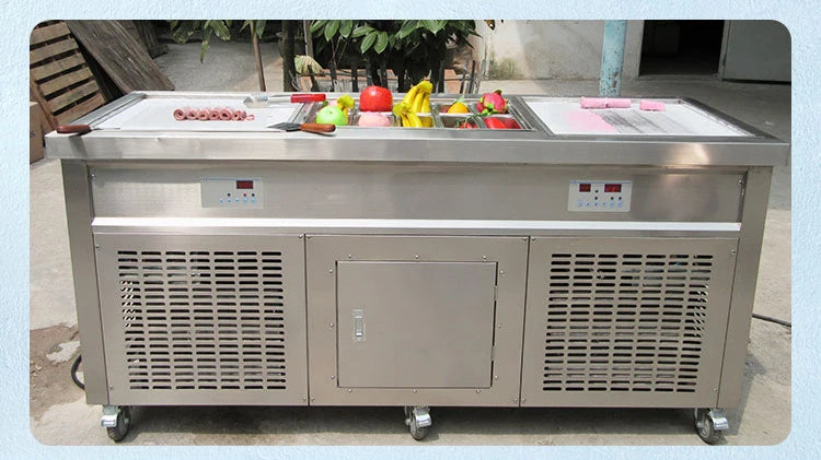 CE ETL Approval Popular Style Flat Double square Flat Pan Fry Ice Cream Machine with 10 Tanks Topping Freezer