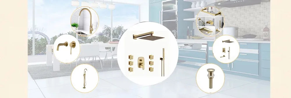 Brushed Gold Basin Water Tap Bathroom Deck Mounted 3 Holes Cross Handle Basin Faucet