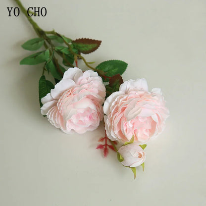 YO CHO Rose Artificial Flowers 3 Heads Pink White Peonies Silk Flower Wedding Garden Decoration Fake Flower Bouquet Peony Color