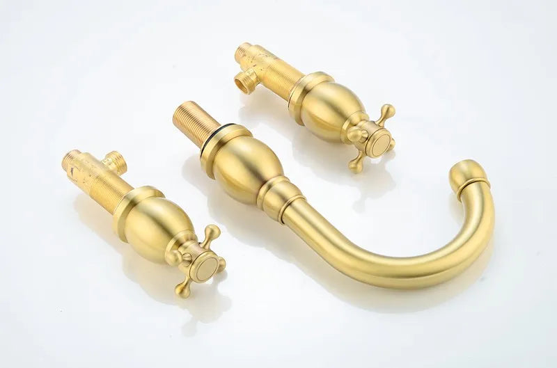 Brushed Gold Basin Water Tap Bathroom Deck Mounted 3 Holes Cross Handle Basin Faucet