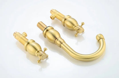 Brushed Gold Basin Water Tap Bathroom Deck Mounted 3 Holes Cross Handle Basin Faucet