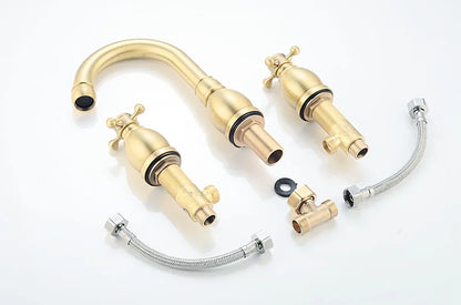 Brushed Gold Basin Water Tap Bathroom Deck Mounted 3 Holes Cross Handle Basin Faucet