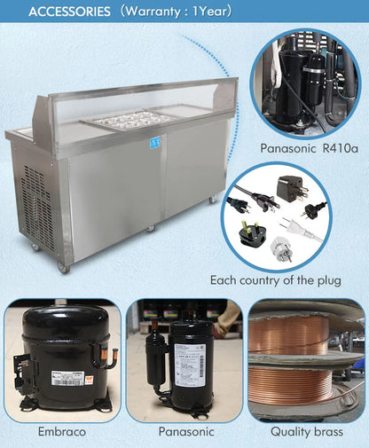 CE ETL Approval Popular Style Flat Double square Flat Pan Fry Ice Cream Machine with 10 Tanks Topping Freezer