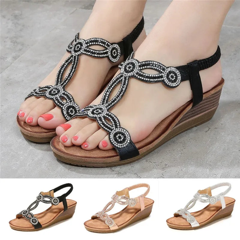 BEYARNE Women's Shoes Summer New Bohemia Wedge Women Sandals Rhinestone Woman Flip Flops Vintage Women Shoes BeachE627